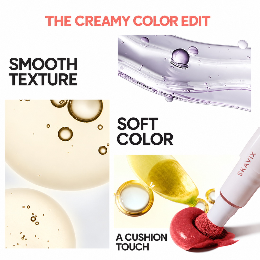 Skavix creamy lip color and cushion texture imagery