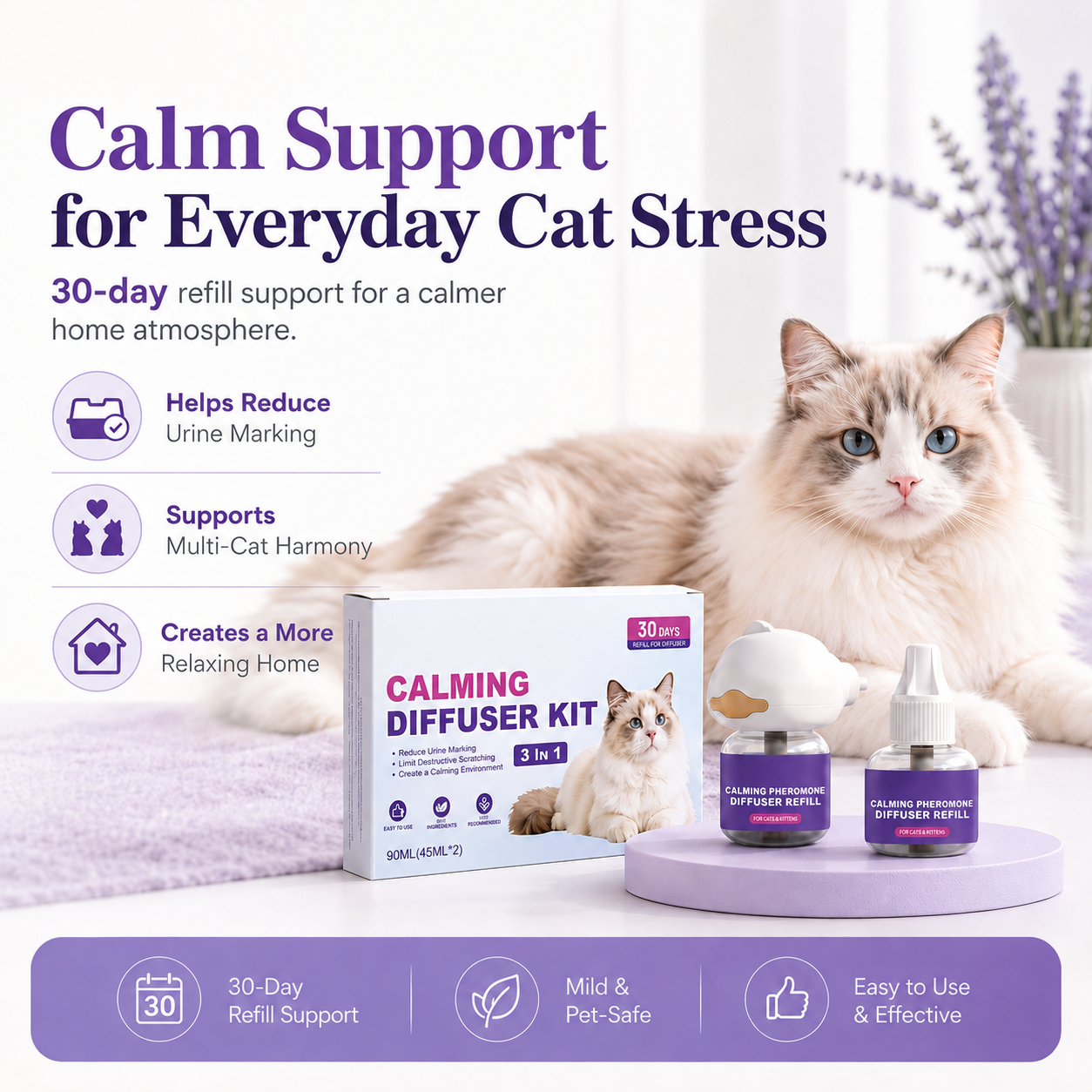 Mirivzlle’s dual-pheromone diffuser helps create a calmer, safer-feeling home for cats struggling with urine marking, fighting, scratching and hiding.