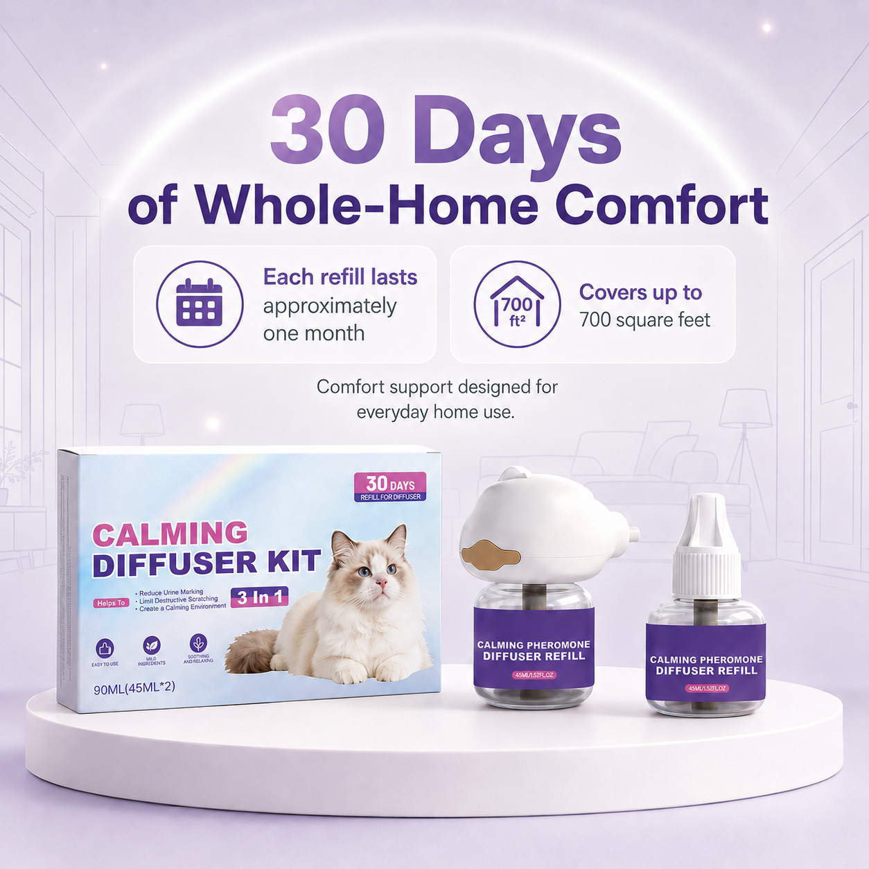 Mirivzlle’s dual-pheromone diffuser helps create a calmer, safer-feeling home for cats struggling with urine marking, fighting, scratching and hiding.